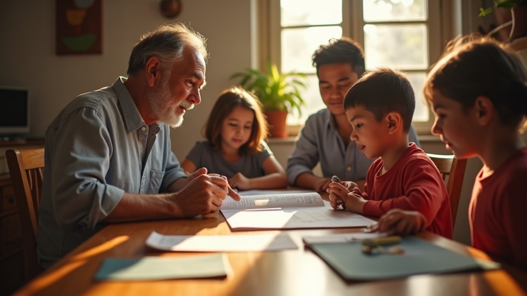 Familia mexicana de tres generaciones revisando documentos del patrimonio familiar en su hogar en León.