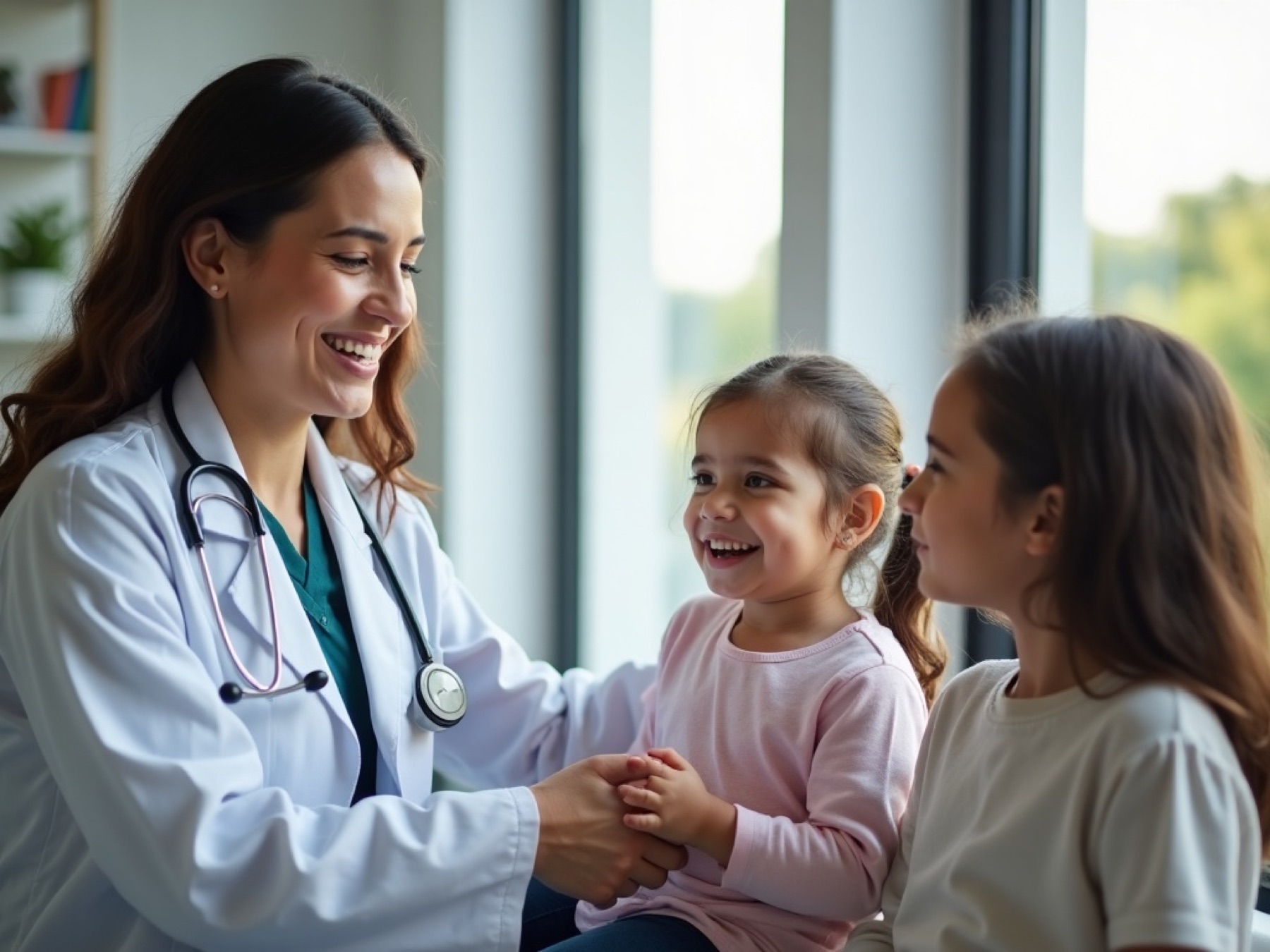 Médica mexicana atendiendo con calidez a una familia en una clínica